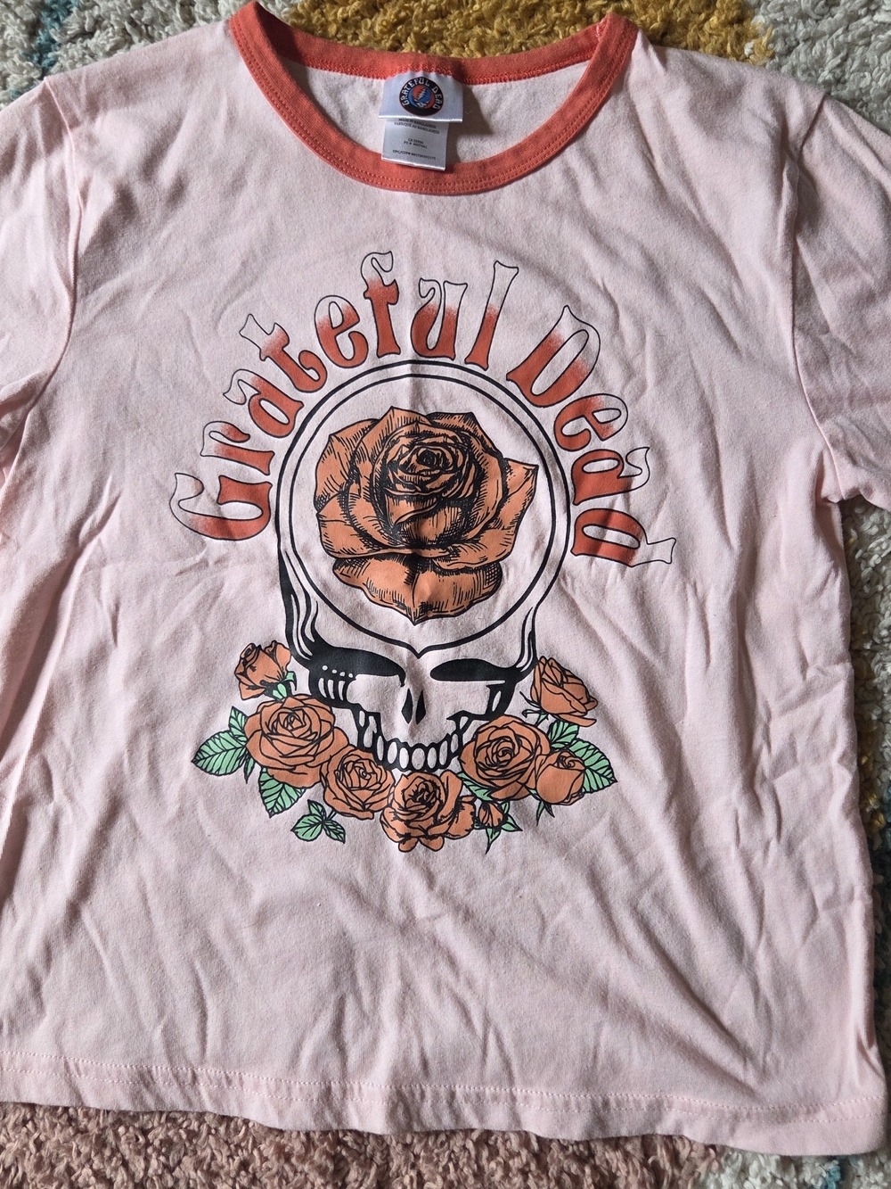 Grateful Dead Pink and Coral Rose Skull Ringer Tee
